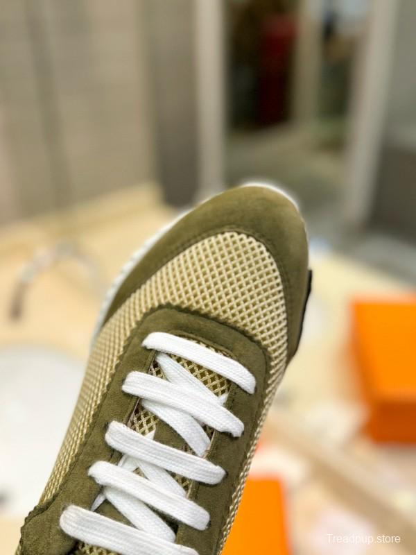 2024 Unisex Hermès Khaki Beige Suede Mesh Sneakers MJ00320