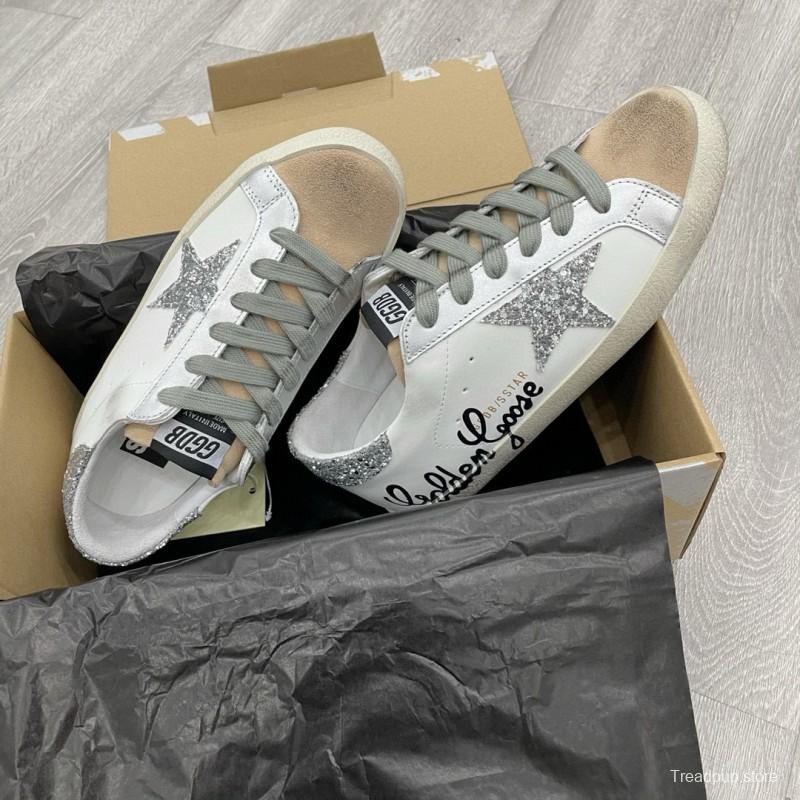 2025 Women GGDB White Silver Leather Suede Sneakers