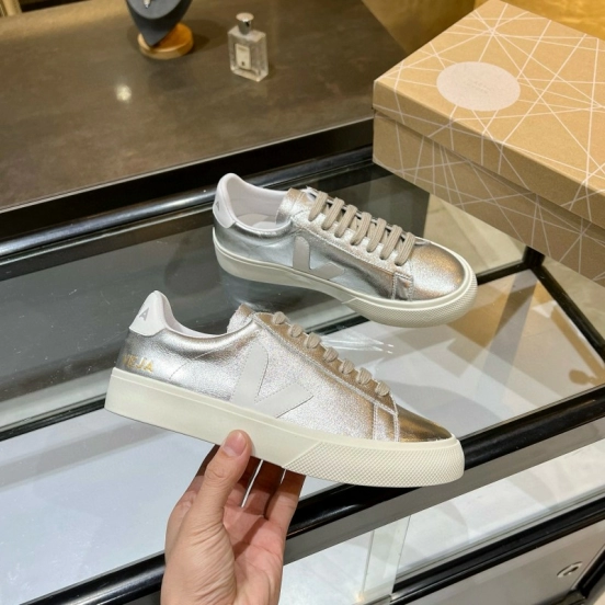 2025 Unisex VEJA Silver Leather Canvas Vulcanized Sneakers MJ00240