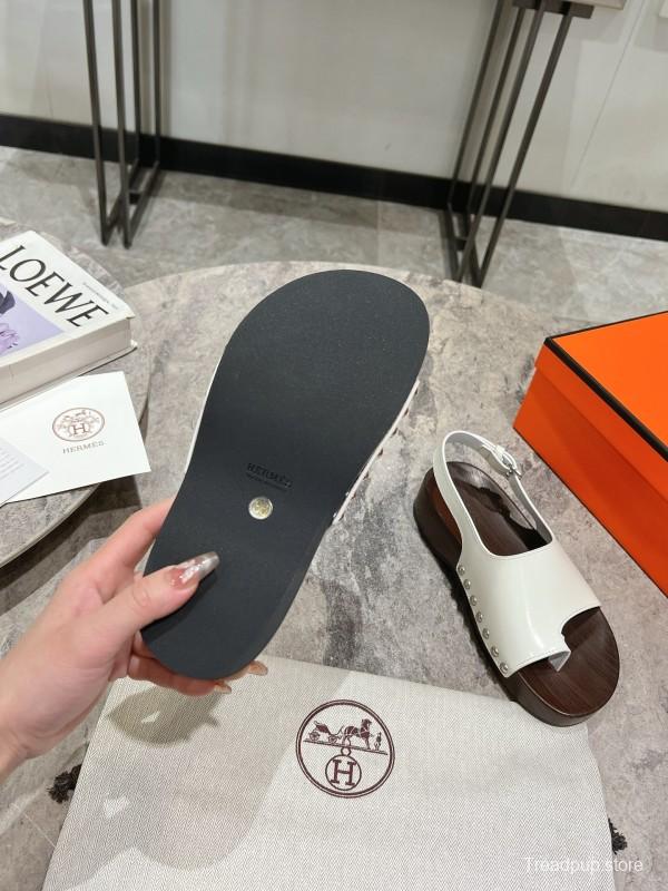 2025 Women Hermès White Leather Slippers