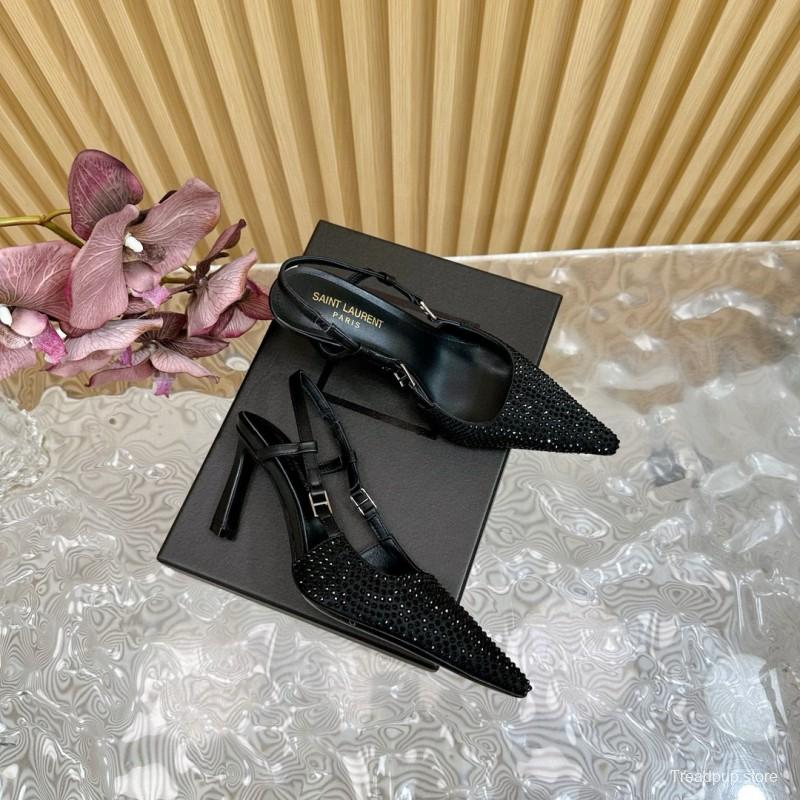 2024 Women Yves Saint Laurent Black Silk Slingback Heels MJ00320
