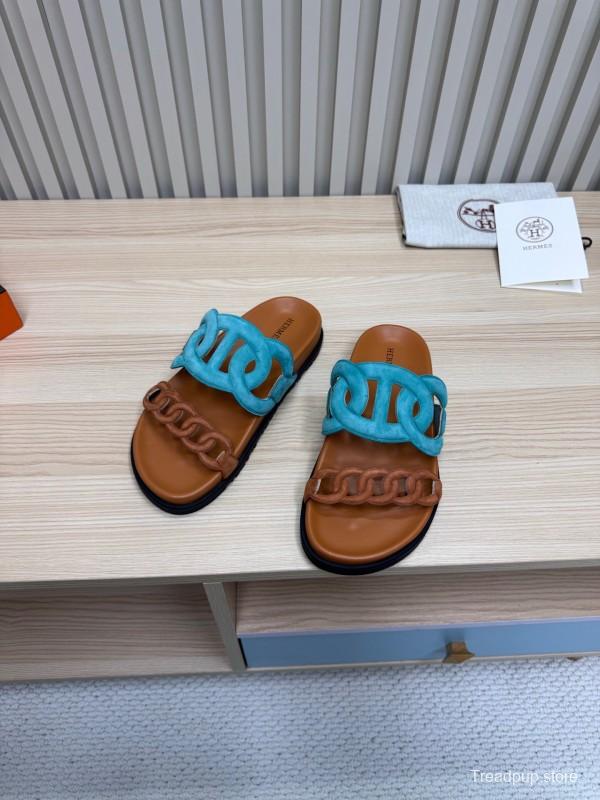 2025 Slippers Hermès Blue Brown Leather Slippers
