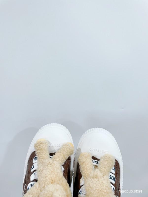 2025 Women 13DE MARZO Brown White Leather Plush Toy Sneakers KFY00300