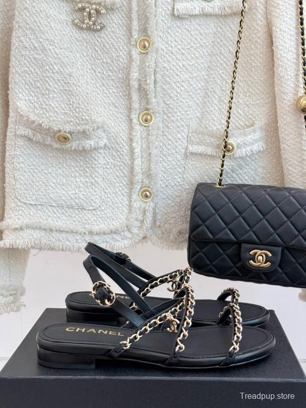 2025 Women Chanel Black Leather Slingback Sandals Chain KFY00270