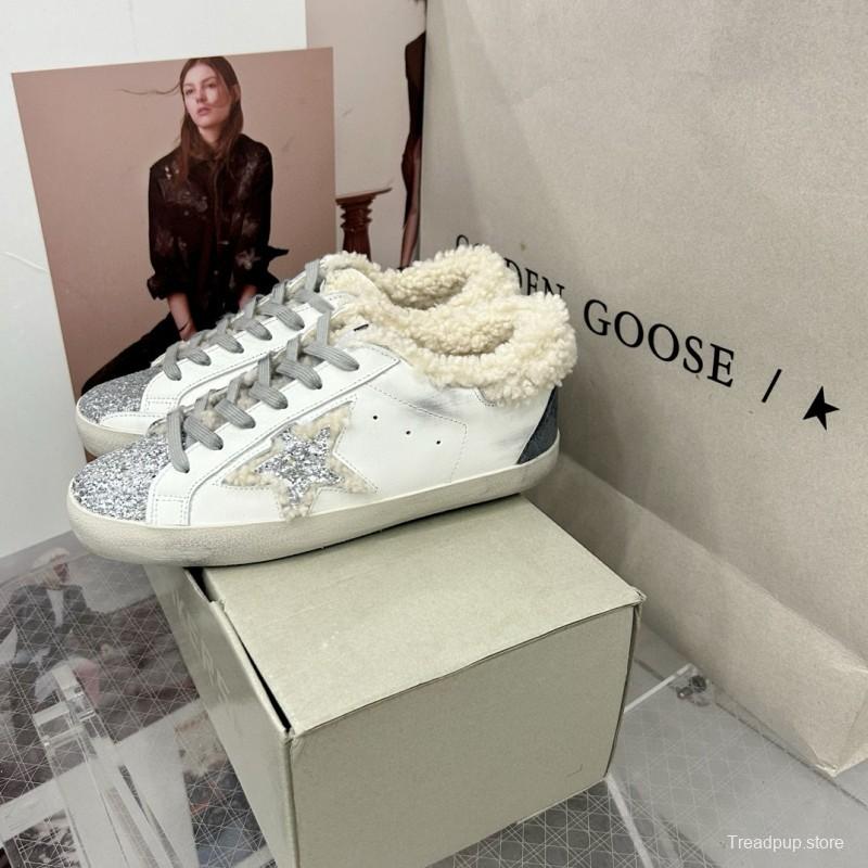 2025 Women GGDB White Gray Shearling Leather Sneakers