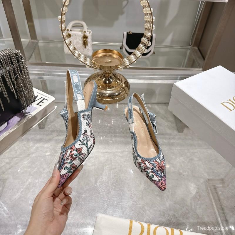 2025 Women Dior Blue Pink Embroidered Fabric Slingback Heels
