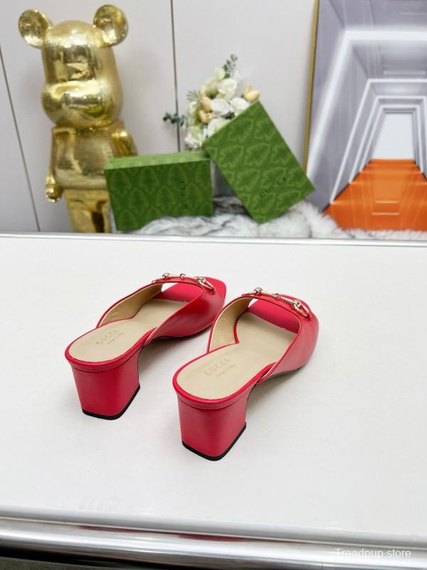 2025 Women Gucci Red Leather Heeled Mules Metal Ornament