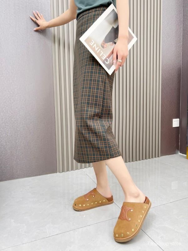 2025 Slippers Celine Brown Suede Leather Slippers LY00240