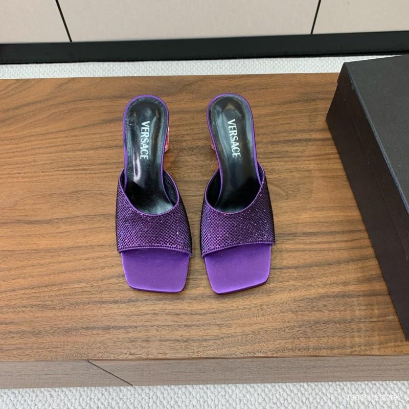 2025 Slippers VERSACE Purple Silk Rhinestone