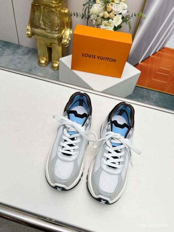 2025 Unisex Louis Vuitton White Blue Leather Mesh Sneakers Monogram LV00340