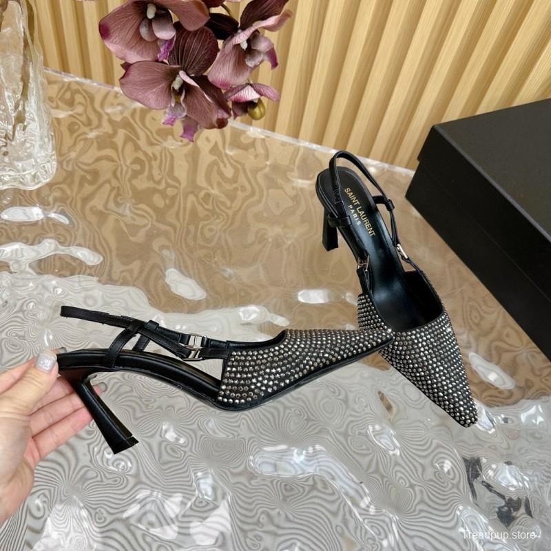2024 Women Yves Saint Laurent Black Silk Slingback Pumps Crystal Embellishment MJ00320