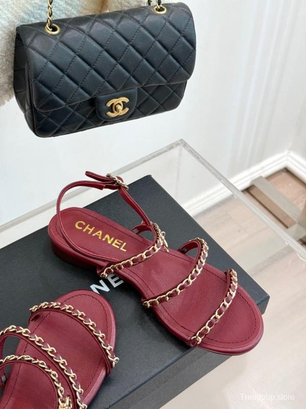 2025 Women Chanel Red Lambskin Chain Strap Sandals