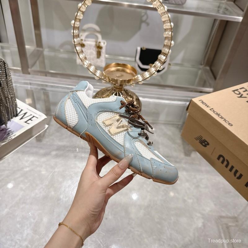 2025 Women Miumiu Light Blue White Leather Mesh Sneakers