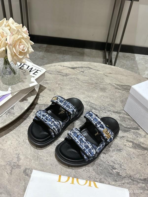 2025 Women Dior Black Blue Fabric Sandals KFY00300