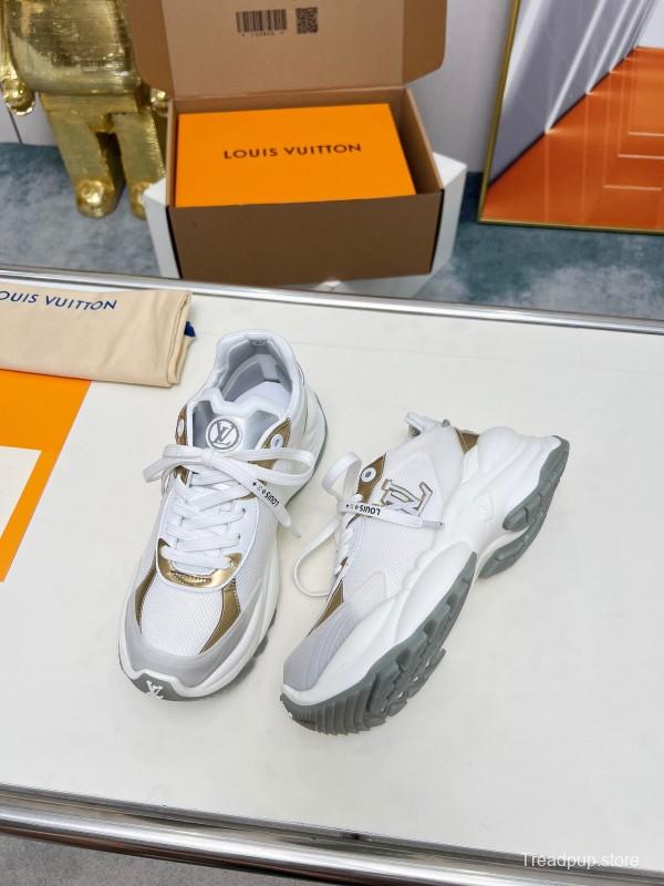 2025 Women Louis Vuitton White Gold Leather Mesh Sneakers LY00340