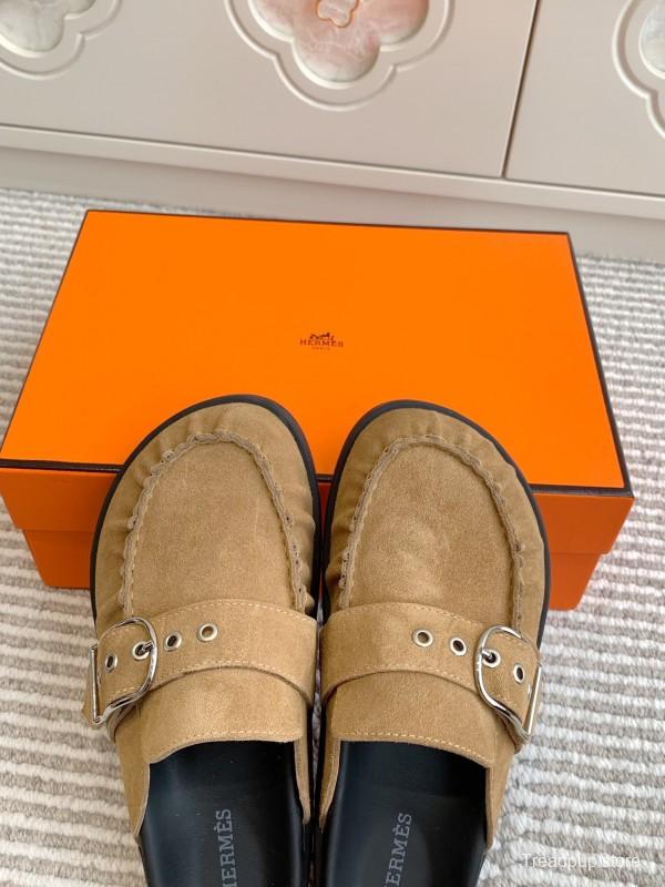 2025 Women Hermès Light Brown Suede Mule Handmade KFY00290