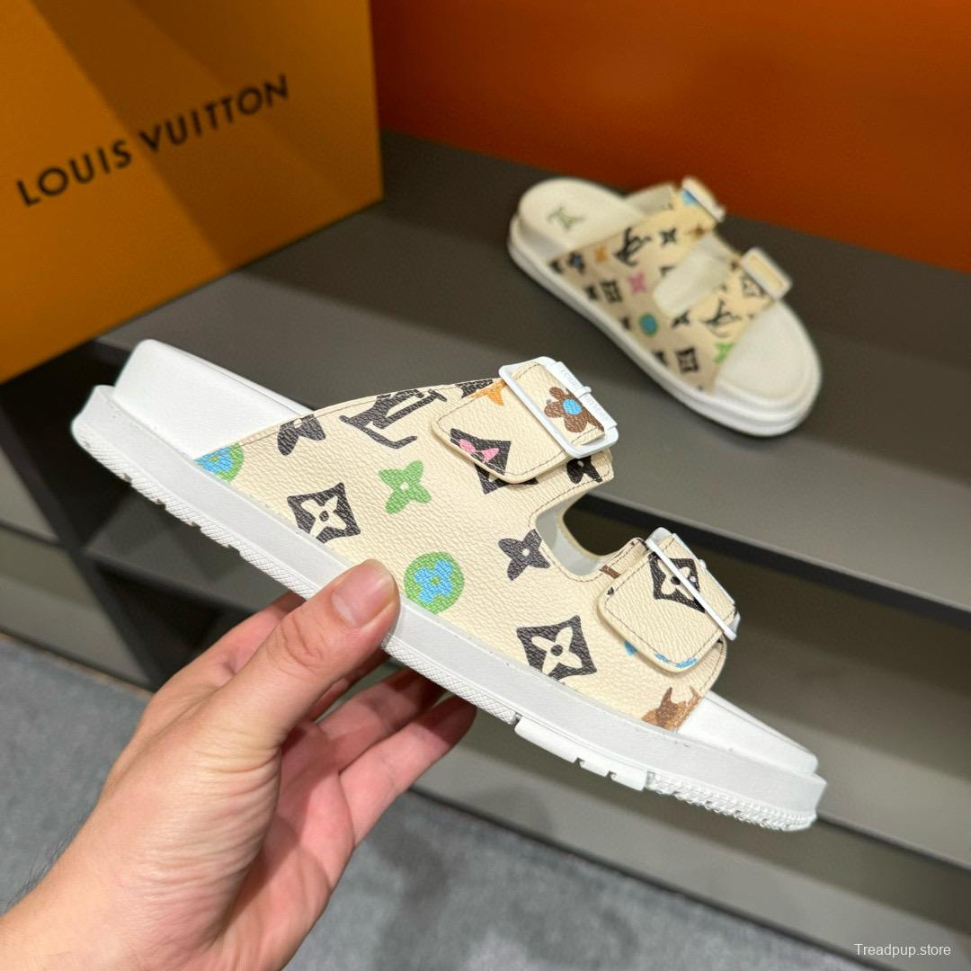 2024 Slippers Louis Vuitton Beige Multicolor Leather Slippers