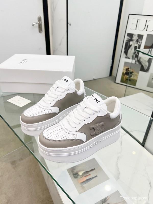 2025 Women Celine White Grey Leather Block Triomphe Sneakers LY00270