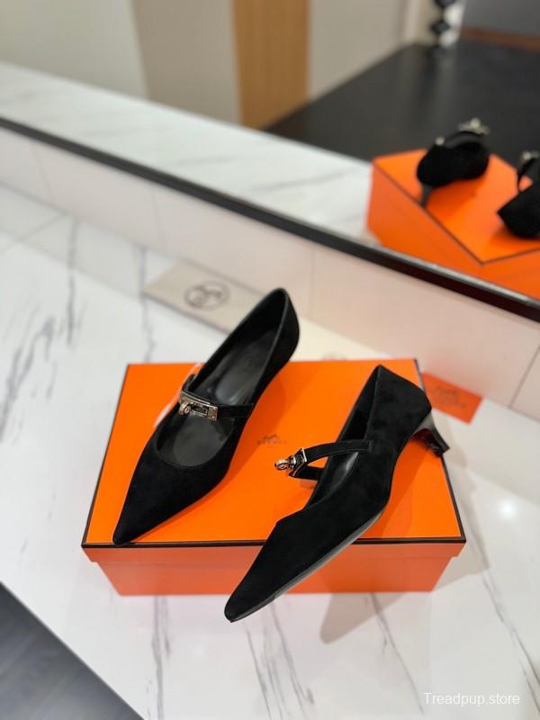 2025 Women Hermès Black Suede Pumps KFY00330