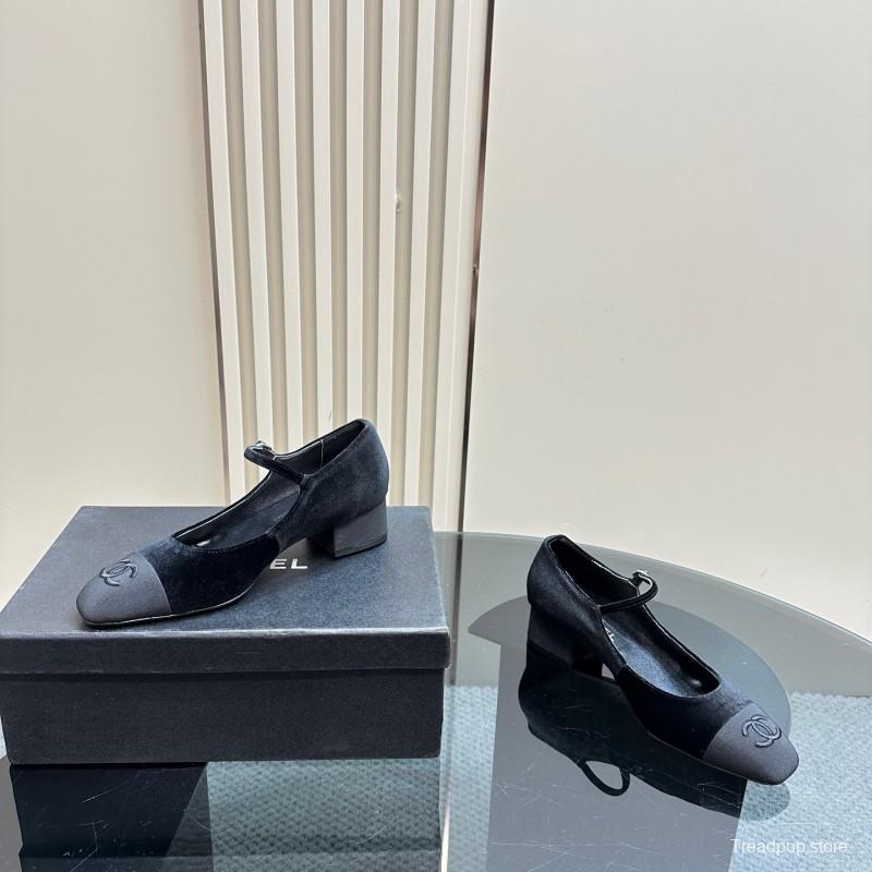 2025 Women Chanel Black Velvet Leather Mary Jane