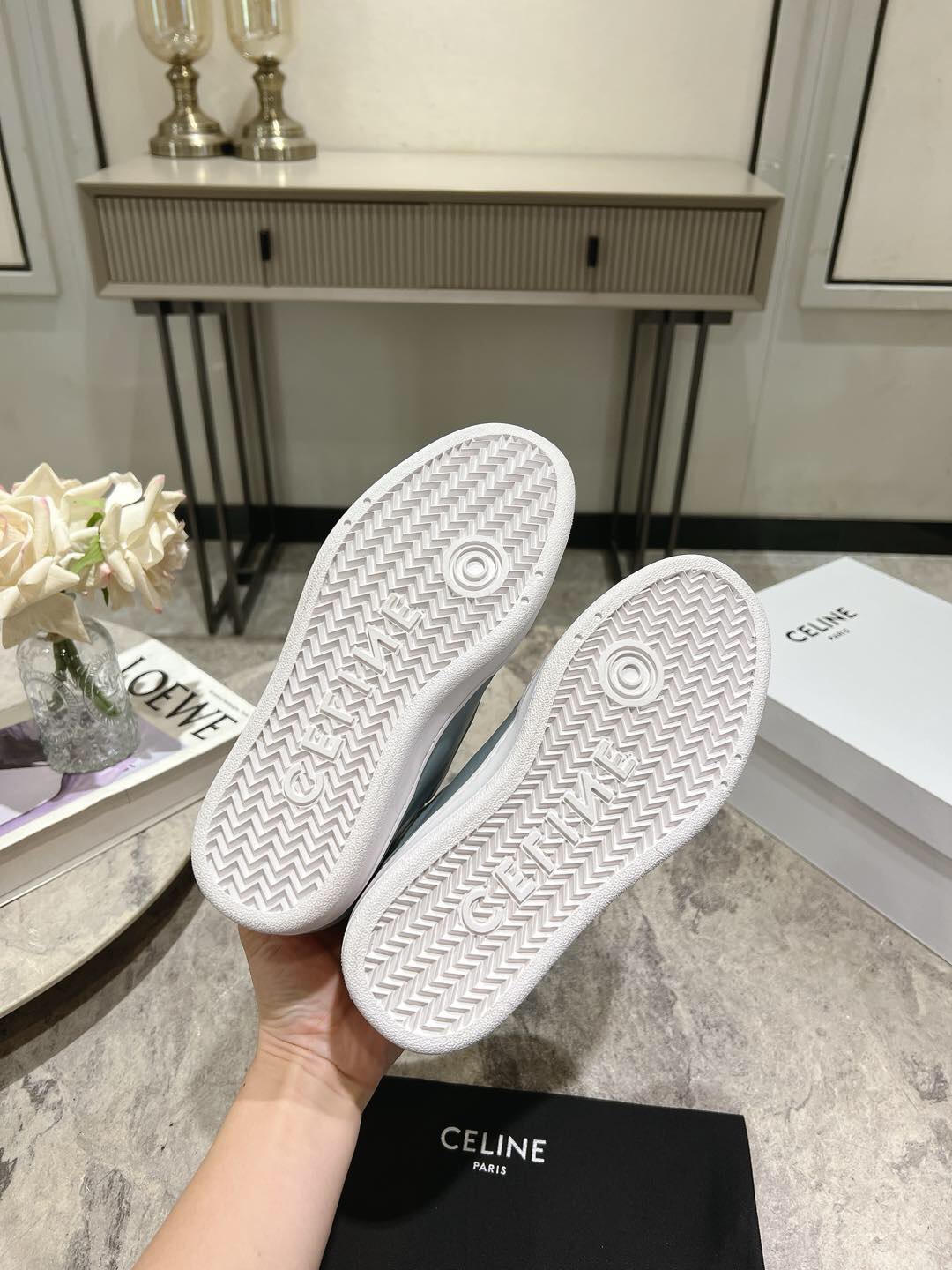2025 Women Celine White Light Blue Leather Sneakers