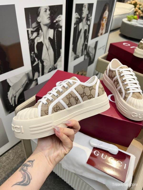 2025 Women Gucci Beige Brown Canvas Platform Sneakers LY00270