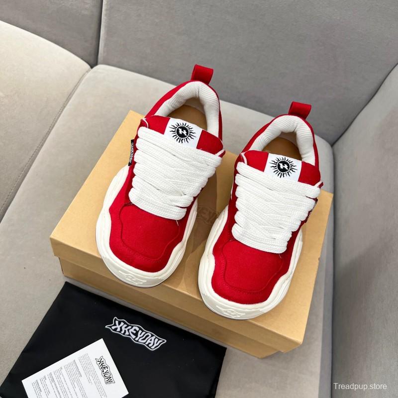 2025 Women HEYDAY Red White Canvas Leather Wave Sneakers