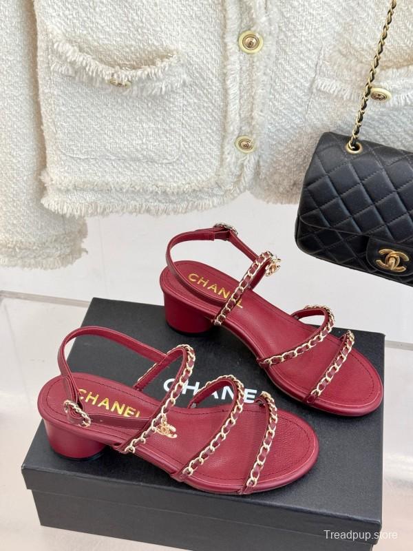 2025 Women Chanel Red Leather Chain Strap Sandals KFY00270