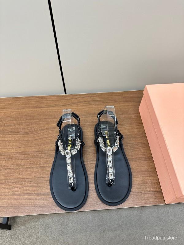 2025 Women Miu Miu Black Leather Rhinestone Sandals LY