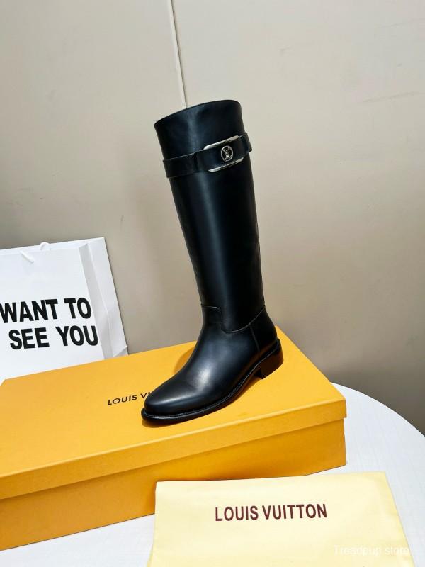 2024 Women Louis Vuitton Black Full Grain Leather Knee High Boots MJ00400