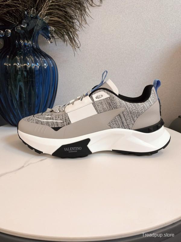 2024 Unisex Valentino White Grey Blue Fabric Leather Sneakers MJ00340