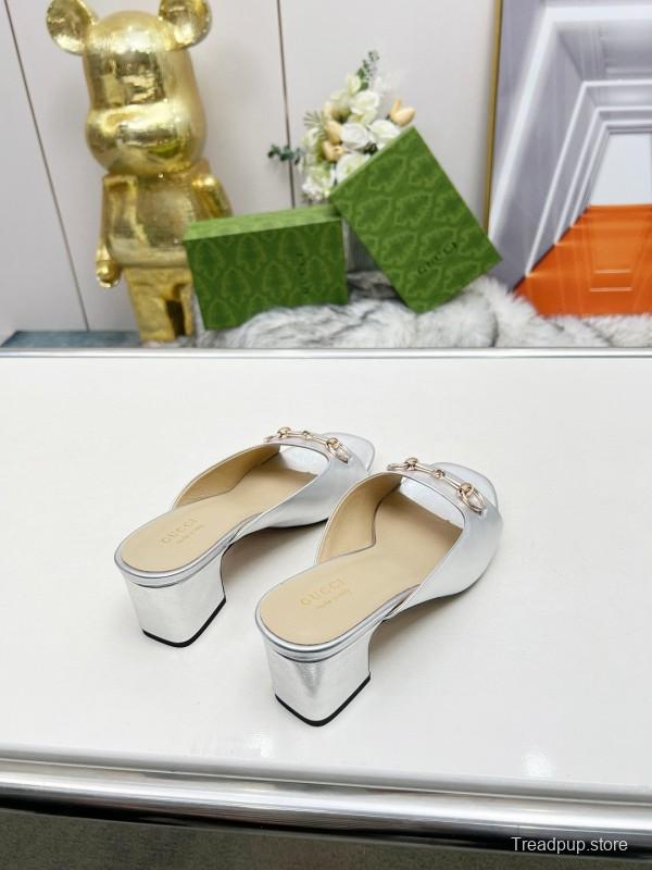 2025 Women Gucci Silver Leather Mules Horsebit MJ00180