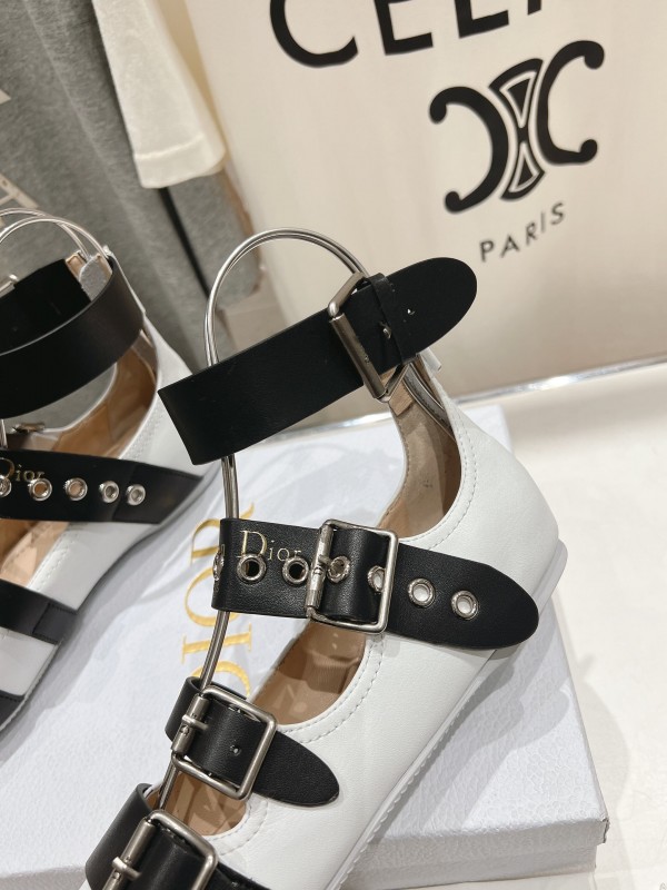 2025 Women Dior White Black Leather Mary Jane Buckle Ballerina KFY00320