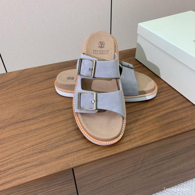2025 Unisex Brunello Cucinelli Light Grey Suede Casual Sandals With Adjustable Buckles KFY00250