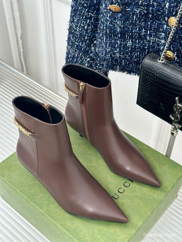 2024 Women Gucci Brown Calfskin Ankle Boots Chain Detail MJ00410