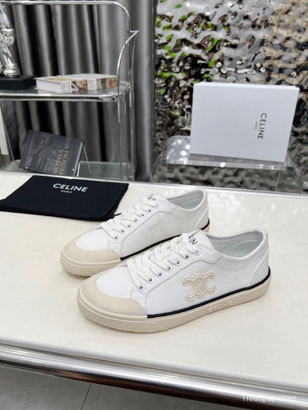 2025 Women Celine White Canvas Leather Low Top Sneakers LY00210