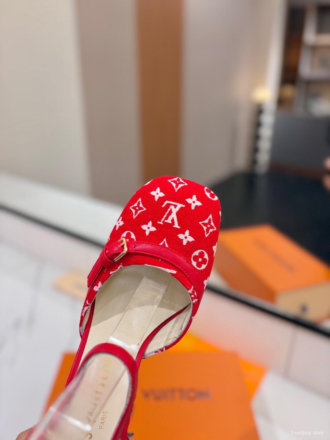2025 Women Louis Vuitton Red Canvas Leather Heels KFY00310