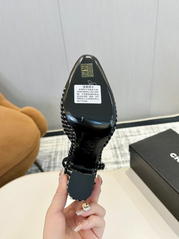 2025 Women Chanel Black White Tweed Leather Slingback Pumps