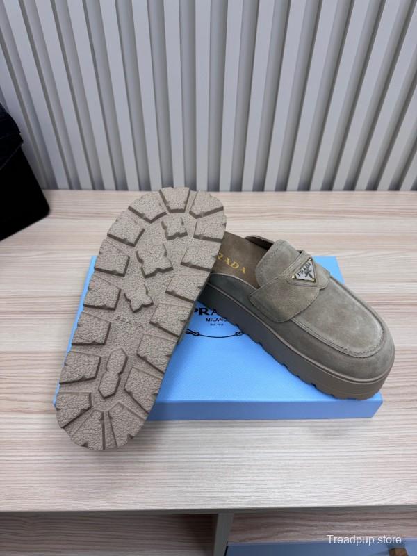 2025 Women Prada Khaki Suede Platform Loafers