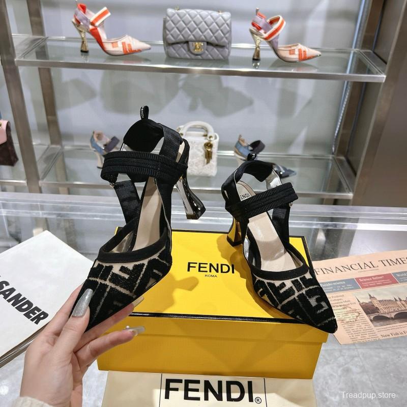 2025 Women Fendi Black Beige Fabric Leather High Heel MJ00280