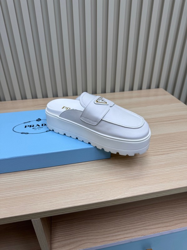 2025 Women Prada White Leather Slippers KFY00280