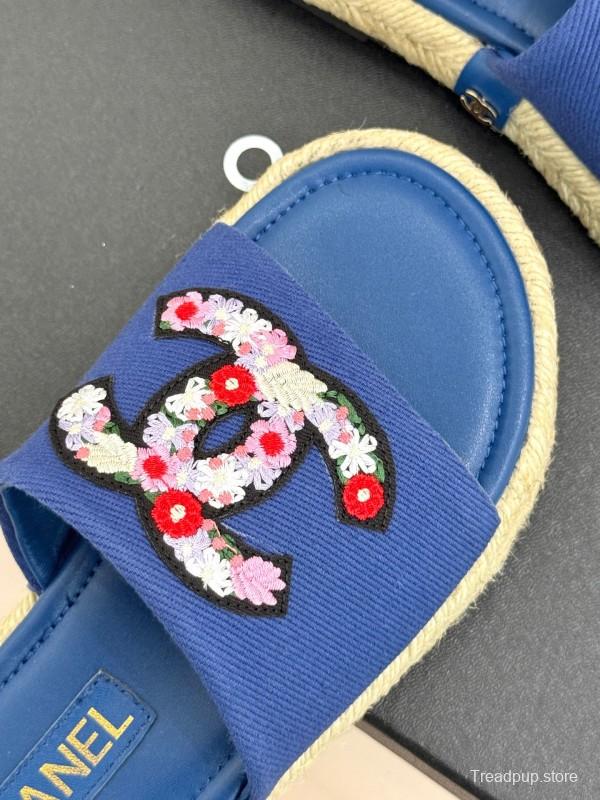 2025 CHANEL Blue Canvas Slippers Embroidered KFY00230