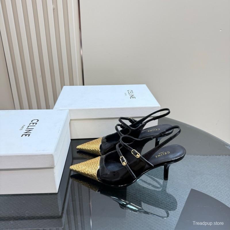 2025 Women CELIN* Black Gold Leather Pointed Toe Slingback Heels