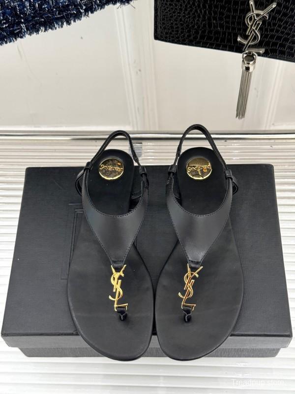2025 Women Yves Saint Laurent Black Leather Sandals KFY00270