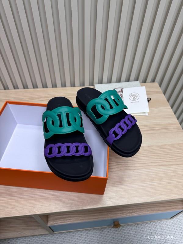 2025 Slippers Hermès Green Purple Rubber Casual LY00360
