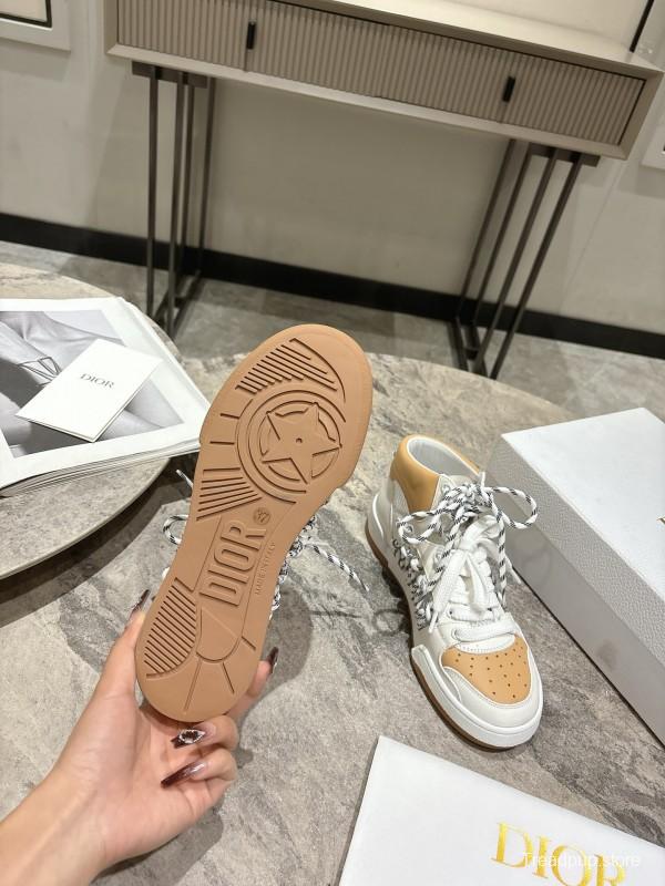 2025 Women Dior White Beige Leather Mesh High Top Sneakers