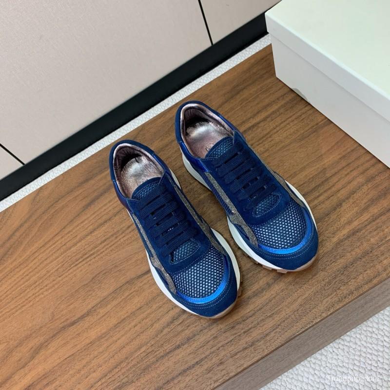2025 Men Brunello Cucinelli Blue Navy Suede Mesh Casual Sneakers KFY00310