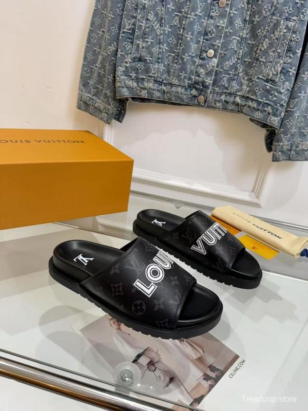 2025 Slippers Louis Vuitton Black Leather Slippers LY