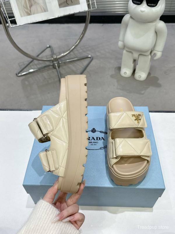 2025 Women Prada Beige Leather Slippers KFY00290