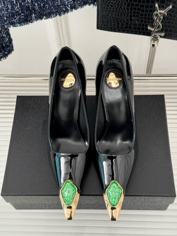 2024 Women Yves Saint Laurent Black Gold Patent Leather High Heels MJ00330